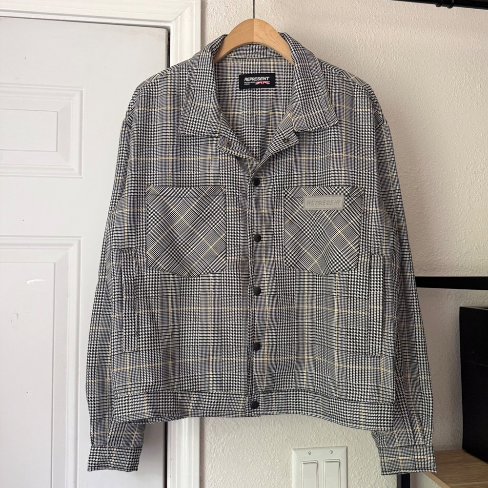 REPRESENT London black white houndstooth plaid logo boxy shacket shirt jacket